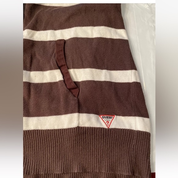 BROWN GUESS USA cream striped Sweater full ZIP up Pockets mock neck mens large L - Picture 8 of 16